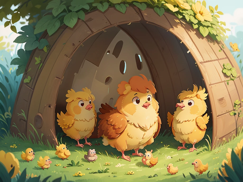 cartoon,Gallus gallus domesticus,Gallus gallus domesticus,Children's Illustrations,A mother hen with her chicks,Grassland,within the enclosure,cute,yellow chick