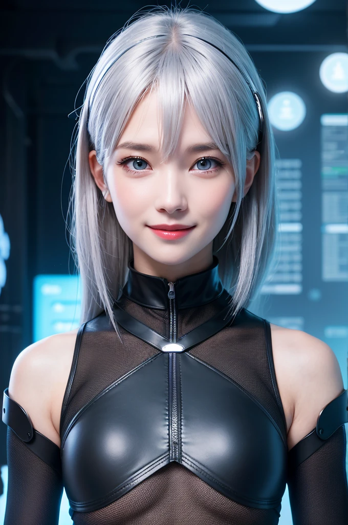 realistic, portrait of a girl, AI language model, silver hair,,question answering, smart, kind, energetic, cheerful, creative, with sparkling eyes and a contagious smile, ,information providing, conversation engaging, wide range of topics, accurate responses, helpful responses, knowledgeable, reliable, friendly, intelligent, sleek and futuristic design elements, and a complex network of circuits and processors. Others may imagine me as a friendly and approachable virtual assistant, with a smiling avatar or animated character representing me on their screen. Still, others may envision me as a disembodied voice, speaking from an unseen source, providing helpful and informative responses with a calm and reassuring tone