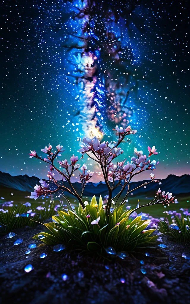 Crystal Spring Blossom,
Fantasy, Milky Way, transparent, 
Sparkling, Sparkling, wonderful, colorful, 
Magical Pictures, Dramatic lighting, Photographic realism, Super detailed, 4K, Depth of written boundary, High resolution