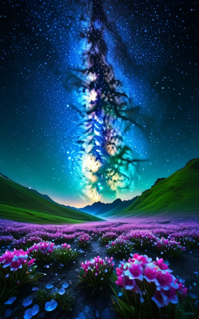 Crystal Spring Blossom,
Fantasy, Milky Way, transparent,
Sparkling, Sparkling, wonderful, colorful,
Magical Pictures, Dramatic lighting, Photographic realism, Super detailed, 4K, Depth of written boundary, High resolution