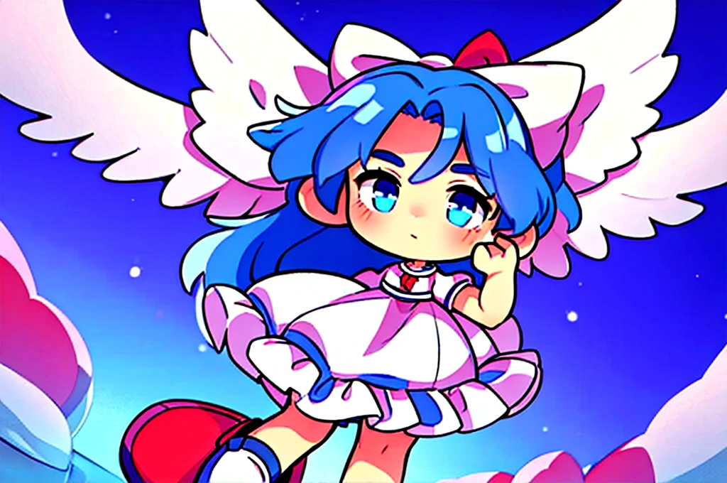 masterpiece, best quality, 1girl, , , , medium blue hair, hair flaps, pink ribbon on head, well-formed face, blue eyes, angel girl, white blouse, puffy short sleeves, red ribbon, angel wings, long white skirt, red shoes, frills, ribbon head