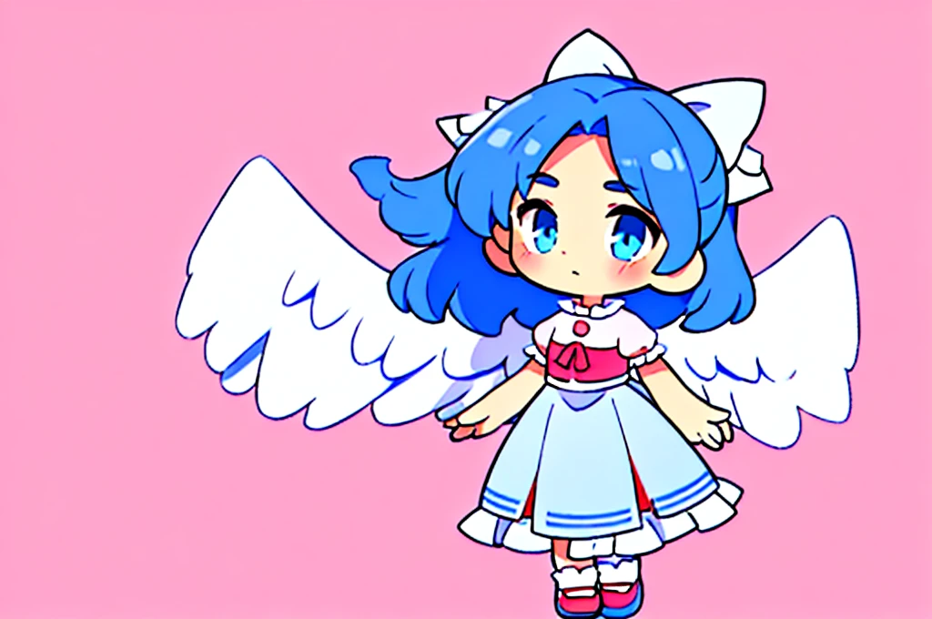 masterpiece, best quality, 1girl, , , 10 years old, medium blue hair, hair flaps, pink ribbon on head, well-formed face, blue eyes, angel girl, white blouse, puffy short sleeves, red ribbon, angel wings, long white skirt, red shoes, frills, ribbon head