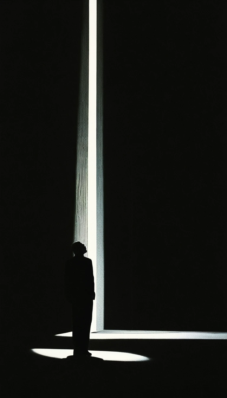 Bottom view,Pure black background,1 skylight 1 rope,Light and Shadow,solitary Man,Minimalism,Depressing atmosphere