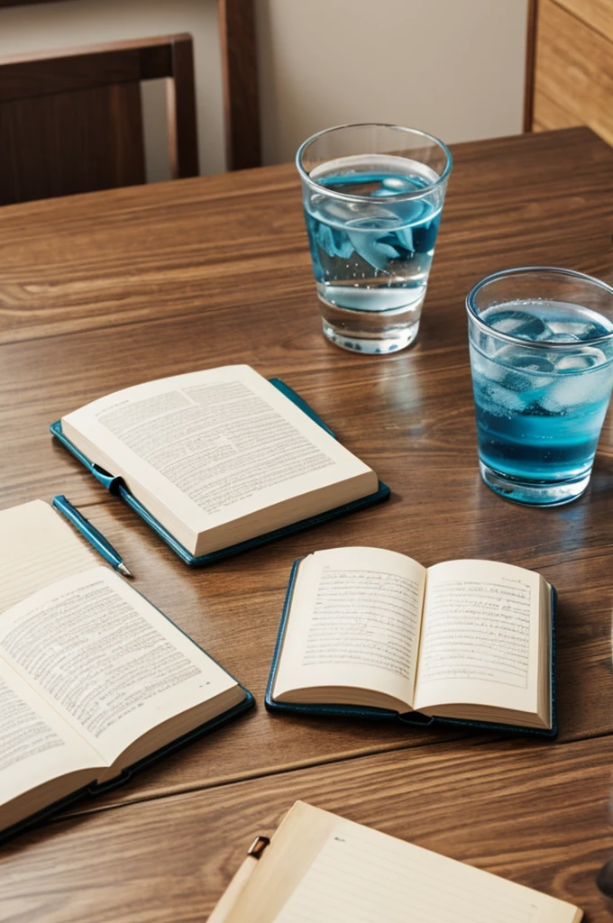 Desk, book, pen, water glass