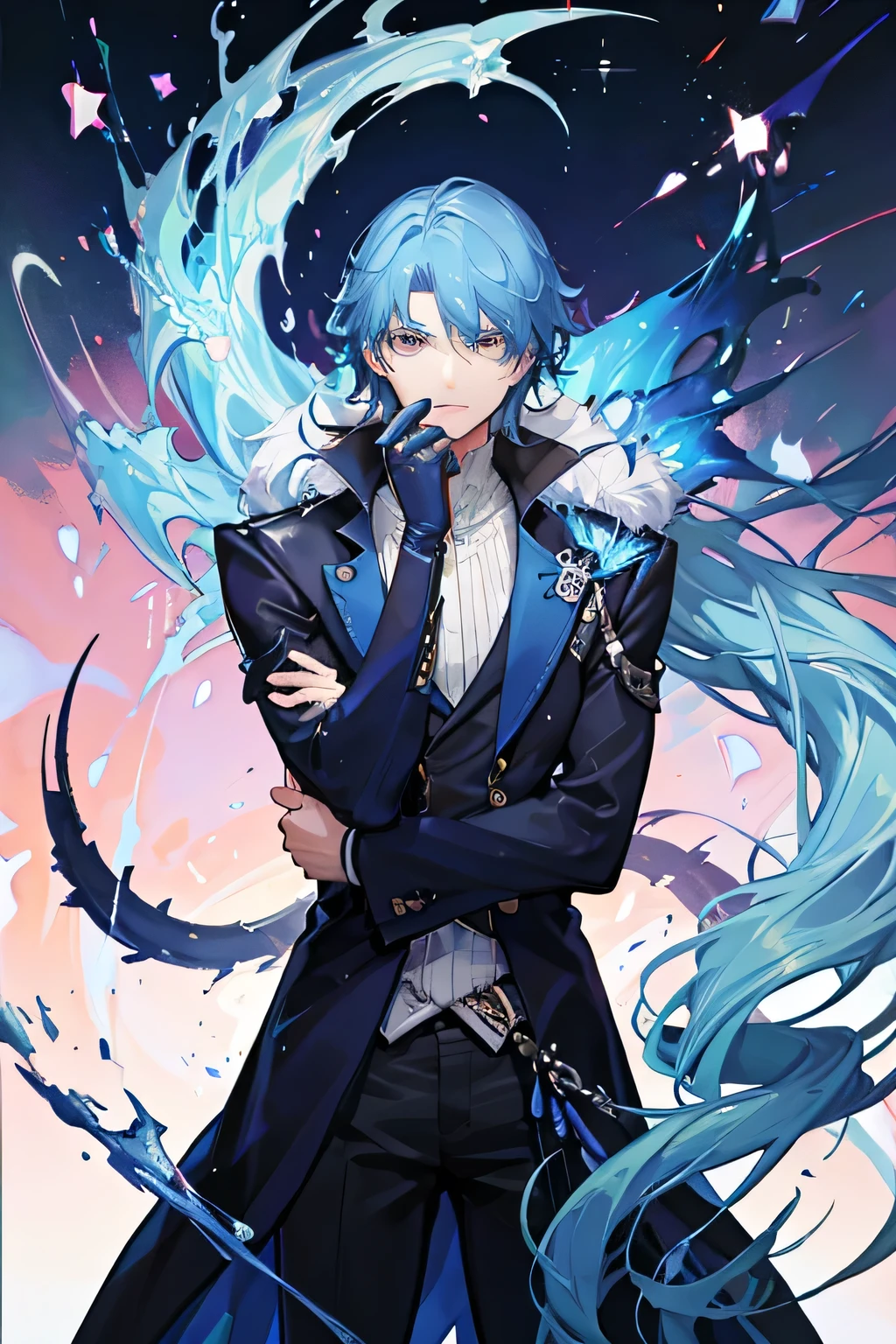 a guy with blue hair looking just showing his face with a serious look