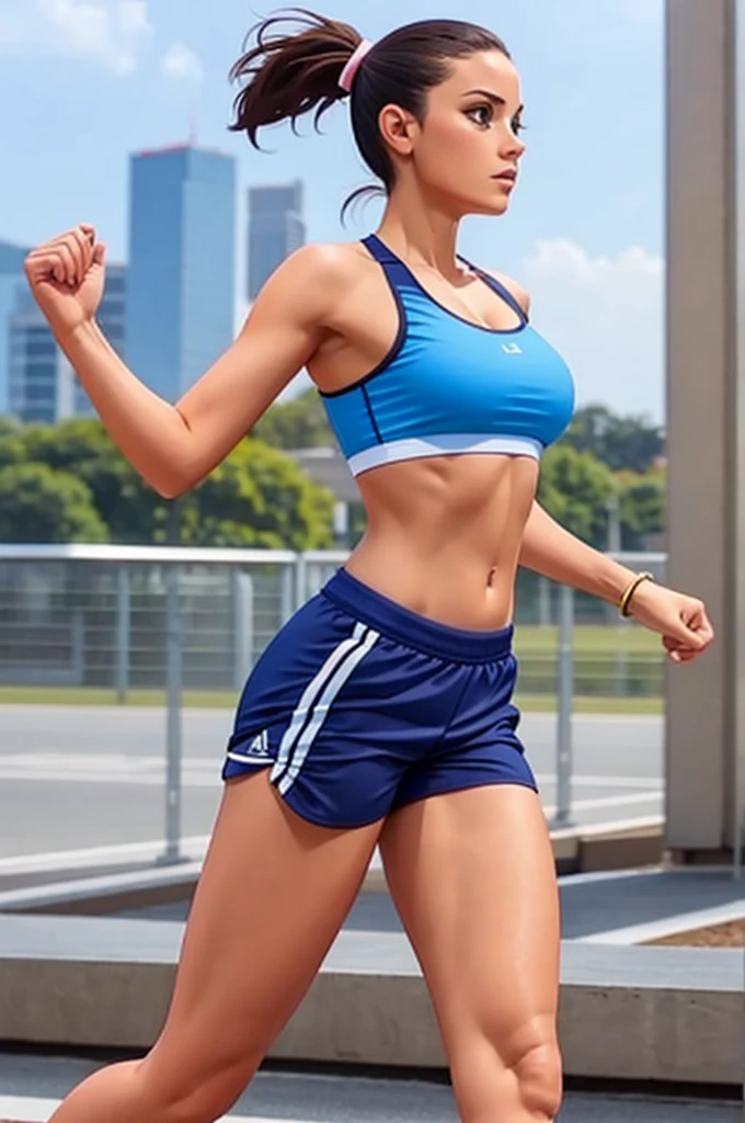 sports bra, running clothes, shorts, good shape, well endowed