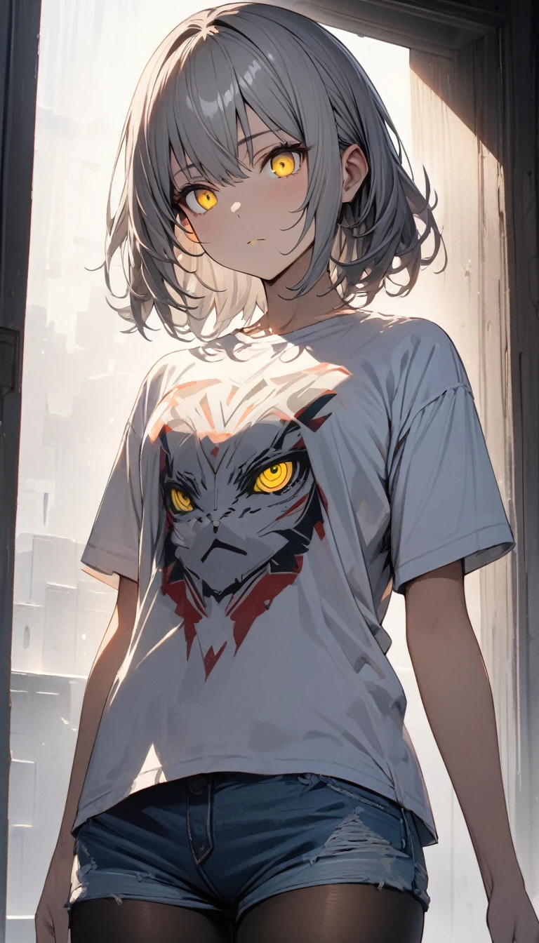 ((masterpiece)), ((best quality)), extremely detailed face, ((extremely detailed)), perfect lighting, 
a handsome girl, solo, gray hair, medium hair,
yellow eyes, bright eyes,
print shirt, denim shorts, tights, expressionless