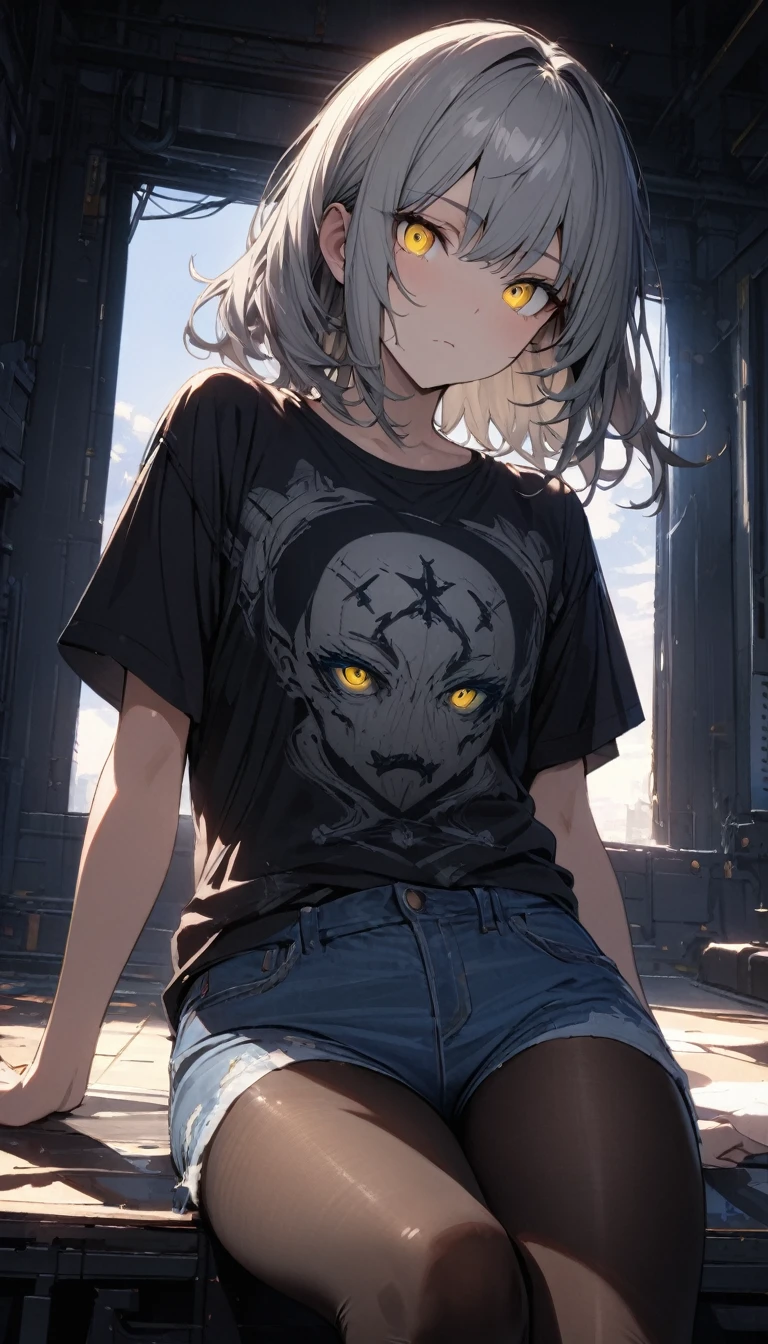 ((masterpiece)), ((best quality)), extremely detailed face, ((extremely detailed)), perfect lighting, 
a handsome girl, solo, gray hair, medium hair,
yellow eyes, bright eyes,
print shirt, denim shorts, tights, expressionless