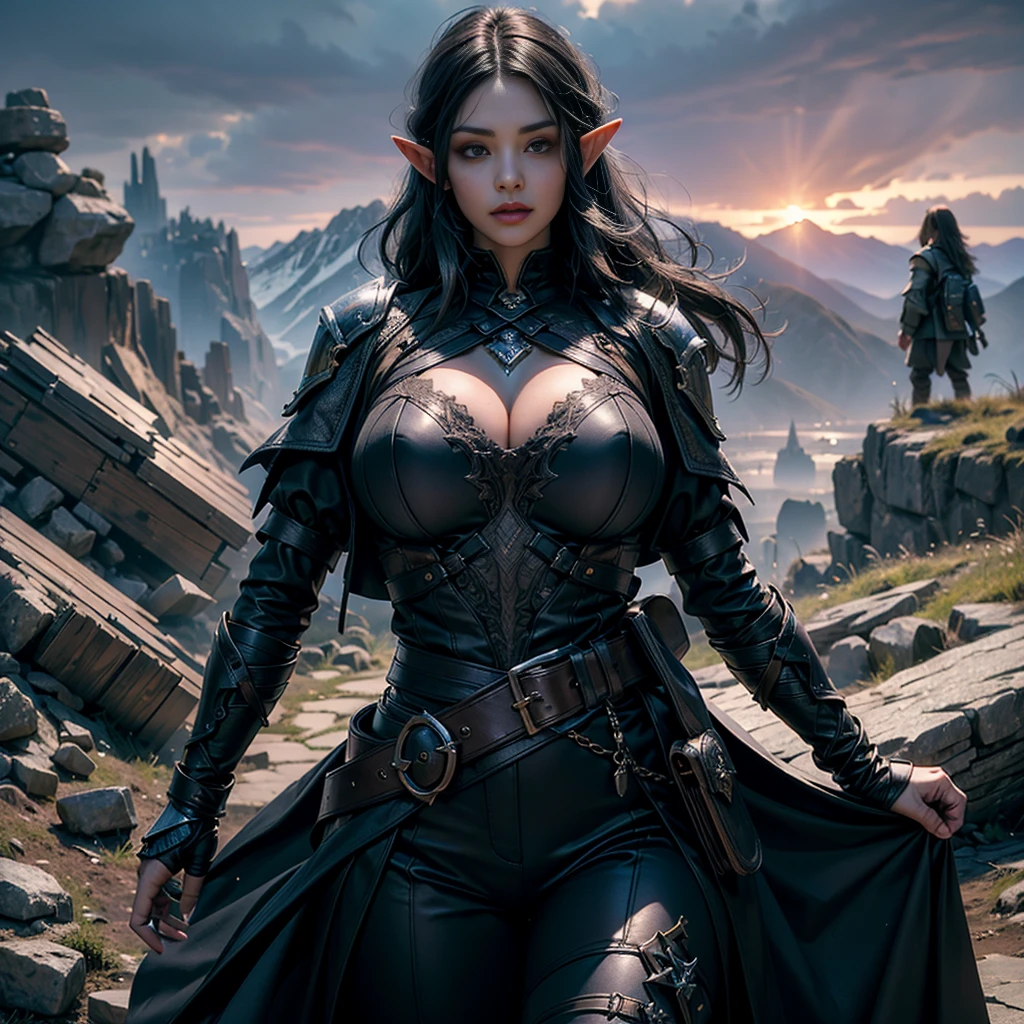 ((Best quality)), ((masterpiece)), (detailed: 1.4), 3D, (half-elf sorceress), (black hair, purple eyes:1.5, pale brown skin), (black robe, purple sleeves, grey pants, black boots and black armbands), (huge tits, big booty, short, curvy), (heavy gothic makeup), HDR (High Dynamic Range),Ray Tracing,NVIDIA RTX,Super-Resolution,Unreal 5,Subsurface dispersion, PBR texture, Post-processing, Anisotropic filtering, Depth of field, Maximum clarity and sharpness, Multilayer textures, Albedo and specular maps, Surface shading, Accurate simulation of light-material interaction, Perfect proportions, Octane Render, Two-tone lighting,Wide aperture,Low ISO,White balance,Rule of thirds,8K RAW,