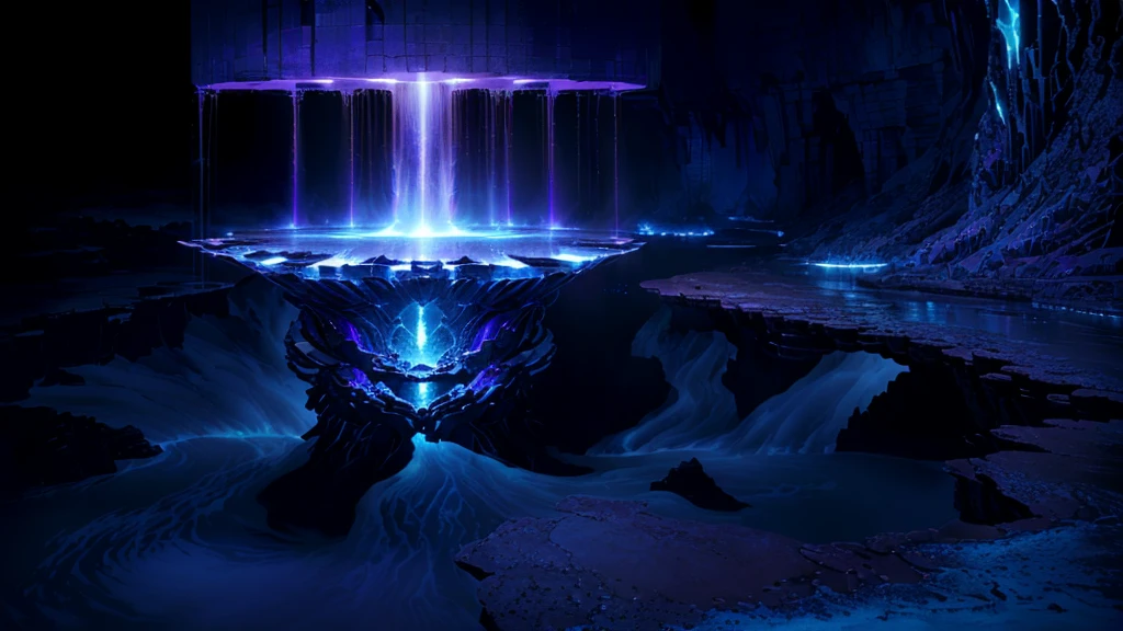 masterpiece, best quality, (extremely detailed CG unity 8k wallpaper), (best quality), (best illustration), (best shadow), absurdres, realistic lighting, (Abyss), beautiful detailed glow, art by PeterMohrBacher, there is a fountain with water coming out of it in the dark, spirits coming out of portal, majestic interstellar portal, colossale interstellar portal, depicted as a scifi scene, waterfall in asteroid field, matte painting of steam machines, studying a hell open rift portal, ice city in 2 0 8 0, portal into anotheer dimension, infinite quantum portal