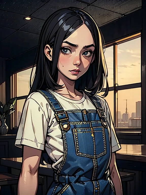 (masterpiece: 1.2, Highest quality), (snap shot), Flat Illustration, Creepy Appearance, Unique atmosphere、coveralls overalls beautiful girl、whole body,
