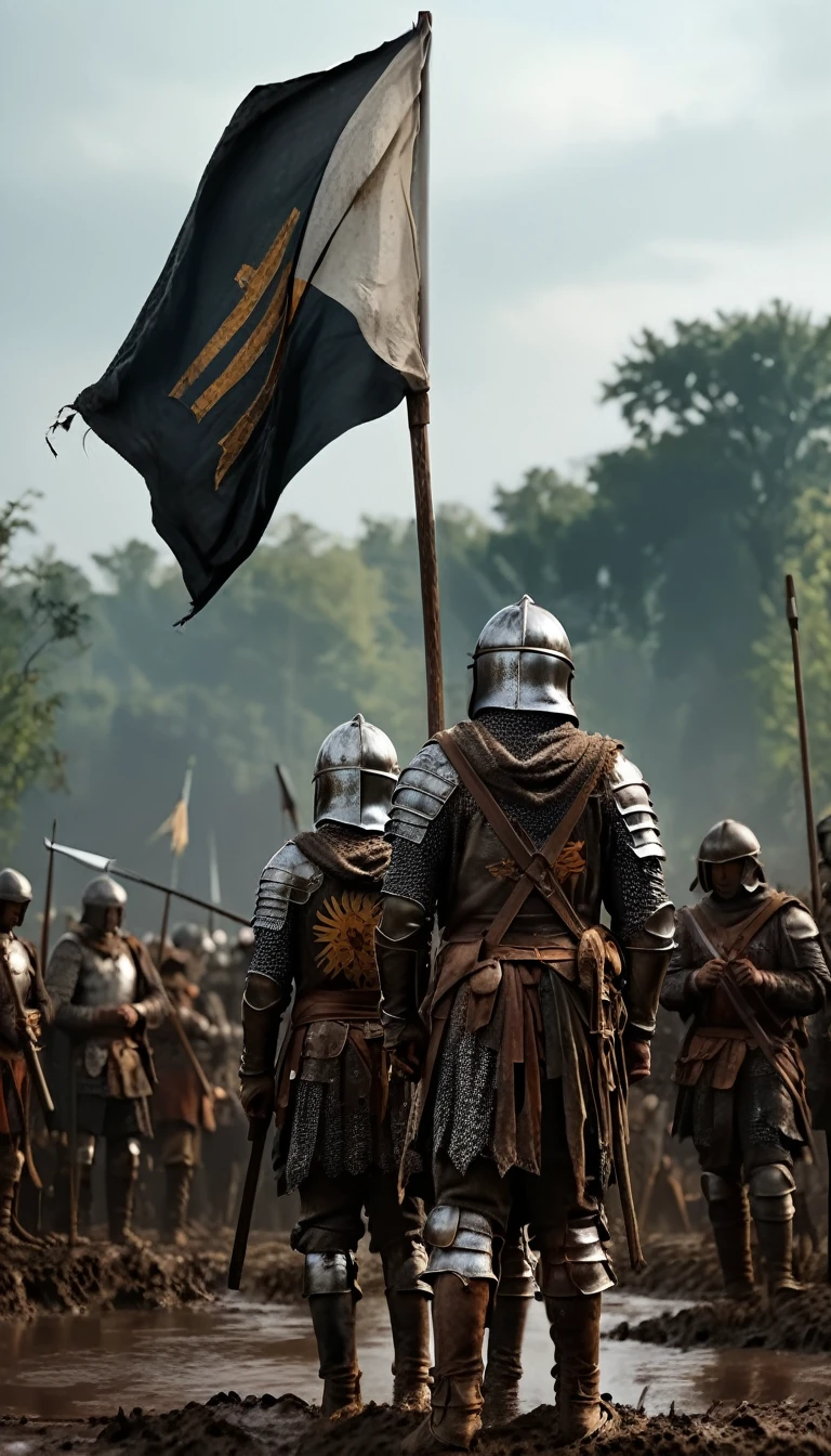 Knights and soldiers in medieval armor raising a white flag on a muddy battlefield, background dark, hyper realistic, ultra detailed hyper realistic, photorealistic, Studio Lighting, reflections, dynamic pose, Cinematic, Color Grading, Photography, Shot on 50mm lens, Ultra-Wide Angle, Depth of Field, hyper-detailed, beautifully color, 8k, golden light from the front,