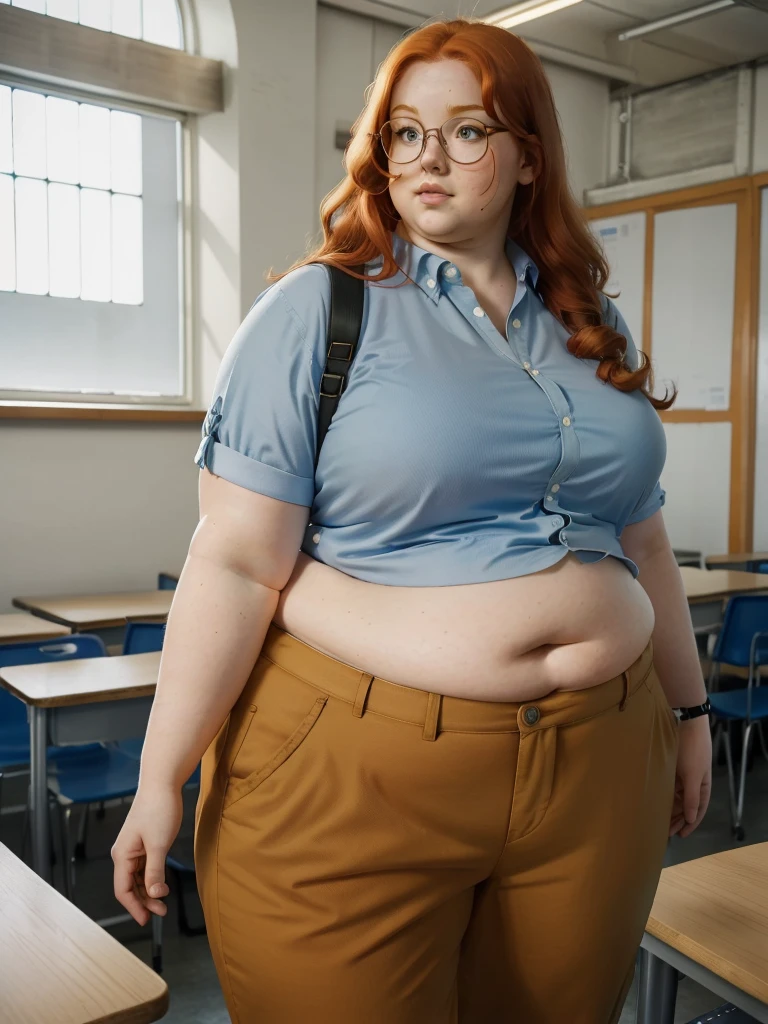 A peaceful photo of a young cute nerdy redhead bbw student with glasses with long wavy ginger hair soft fat belly, wide fat obese hips, thick fat legs and fat arms, cute pretty face, small breasts, blue eyes, freckles, in long shirt tucked in her simple trousers, and trousers, wearing a backpack in a school hall