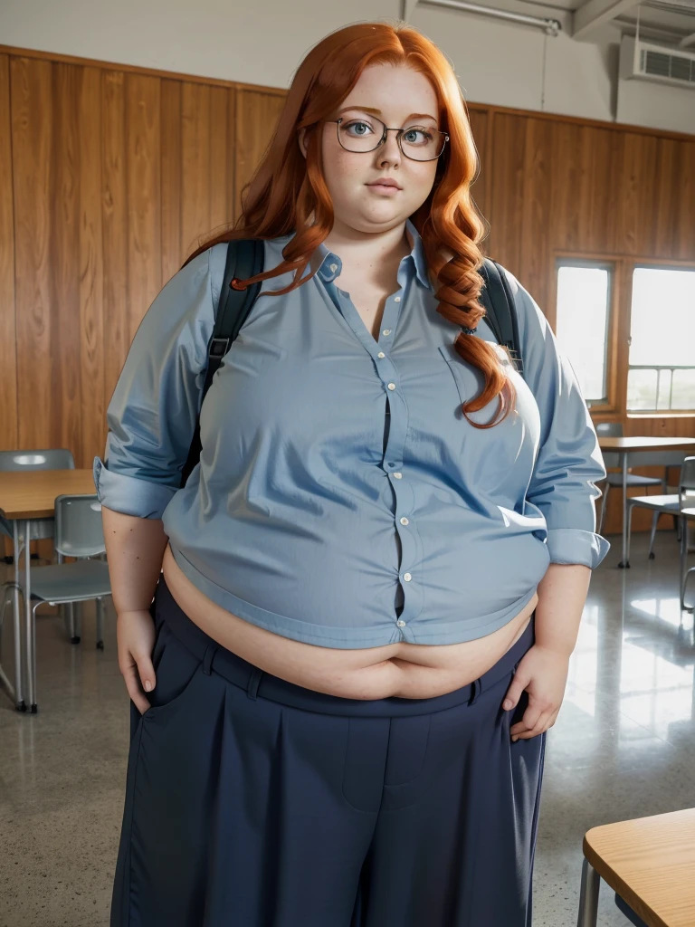 A peaceful photo of a young cute nerdy redhead bbw student with glasses with long wavy ginger hair soft fat belly, wide fat obese hips, thick fat legs and fat arms, cute pretty face, small breasts, blue eyes, freckles, in long shirt tucked in her simple trousers, and trousers, wearing a backpack in a school hall