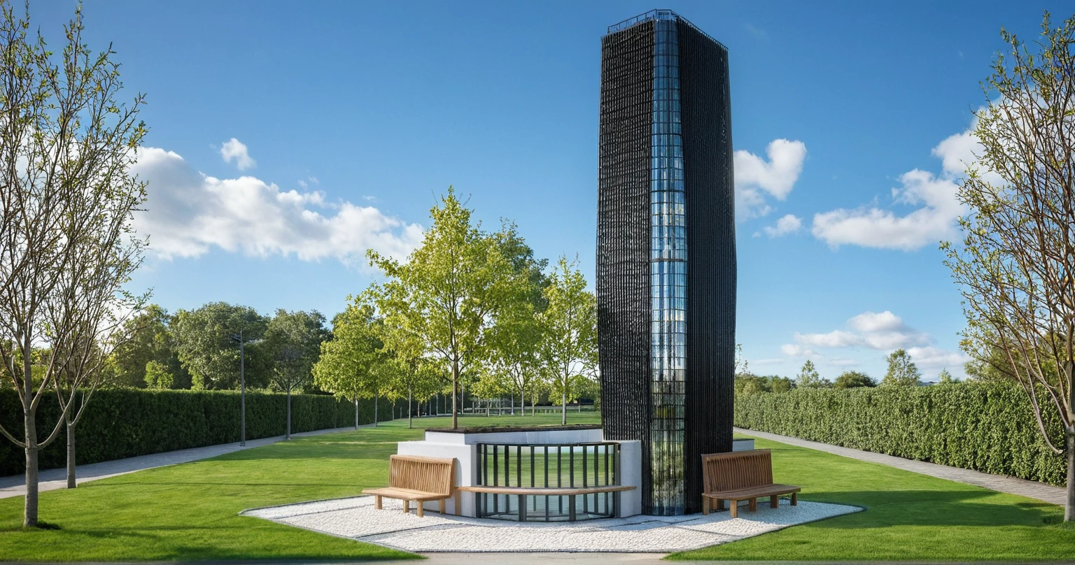 Masterpiece, high quality, best quality, authentic, super detail, outdoors, building style modern, glass windows, gate road, pavement, grass, trees, blue sky, cloud, (day:1.1), realistic lighting