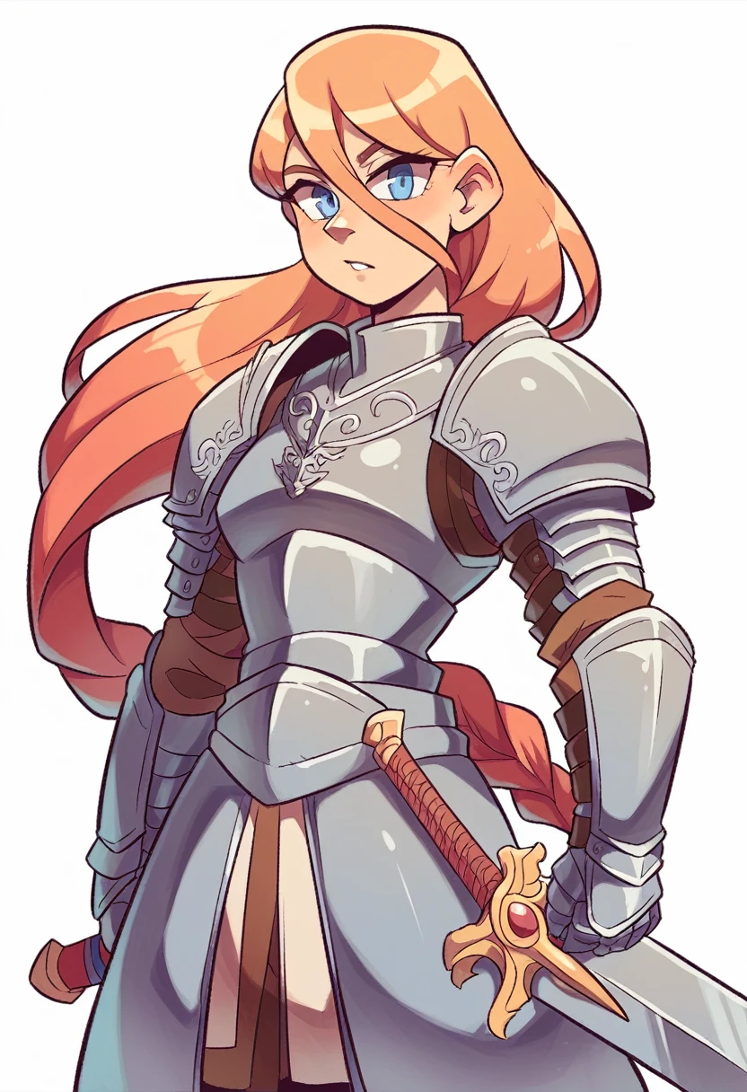 attractive female knight in armor, long blond hair, blue eyes, sword