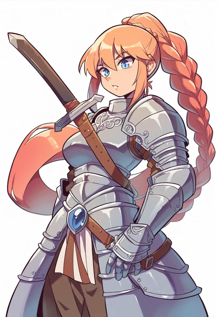 attractive female knight in armor, long blond hair, blue eyes, sword