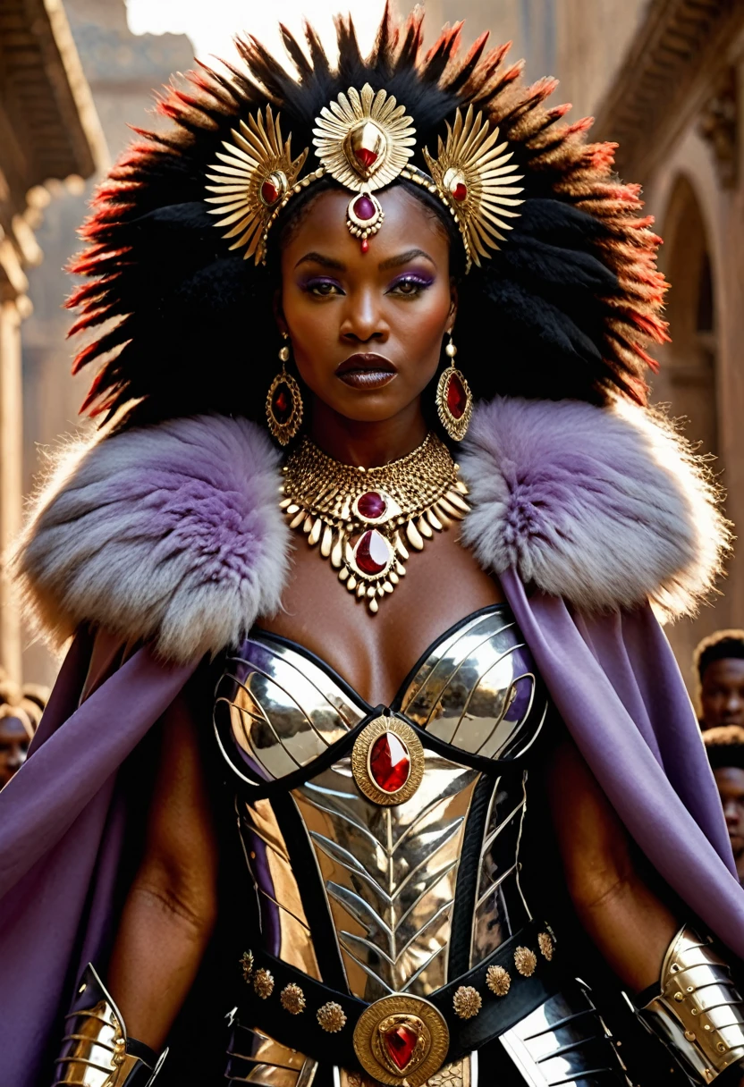 motion picture still Capture the indomitable spirit of a beautiful violet-eyed black warrior princess from the Age of African gods, lioness, standing triumphantly amidst the chaos of a brutal skirmish, wearing luxurious furs and distressed leather, she personifies sophisticated wildness, Red drops of blood from the skirmish adorn his countenance, employing a low camera angle to emphasize the magnitude of his stature and authority, effectively positioning her as a titan above mere mortals, merging reality with fantasy, This provocative painting challenges conventional notions of beauty, inspiring reflection on what it means to be strong, commanding, and totally fascinating, estilo de Nick Knight, estilo de Igor Morski, style of wlop, . Shallow depth of field, vignette, highy detailed, high budget, bokeh, cinemascope, temperamental, epic, marvelous, Film grain, grainy
