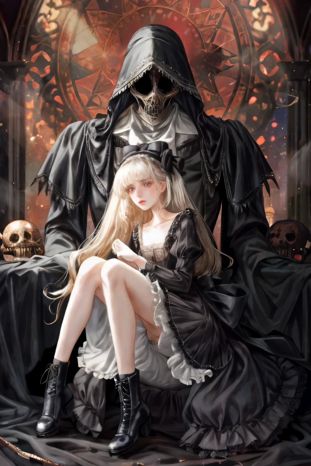 ((best quality)), ((masterpiece)), (detailed), very skinny, prominent collarbones, skinny arms, flat stomach, visible hip bones, red and white clothing, Bloodborne inspired, occult aesthetic, occult, detailed and intricate steampunk and detailed gothic, NSFW, Very dramatic and cinematic lighting, cosmic horror, grim-dark, side-lighting, perfect face, NSFW, Fluttering lace flared long knee length dress with frilly petticoats, knee length dress, pleated petticoats, ta dress, petticoats gothic lolicomplex lace boots, side-lighting, gothic lolita aetic, wielding a mighty sword with mechanical components, carbine, NSFW, beautiful small breasts, small breasts, full body, whole body, body, NSFW, full body, whole body, head-to-toe NSFW