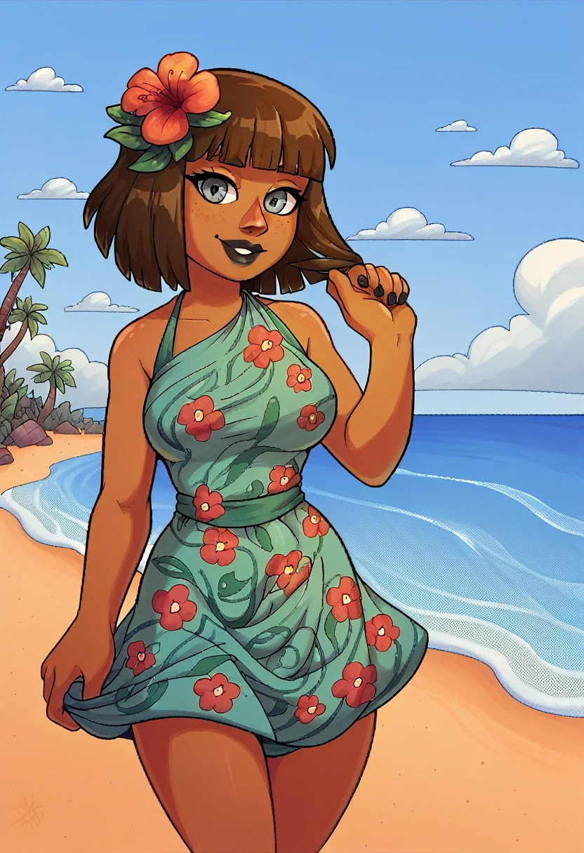 score_9, score_8_up, score_7_up, pixel art, futa, beach background, Polynesian, brown skin, traditional Polynesian dress , sunny, lovely, hime cut hair, gentle smile, grey eyes, black lips, black eyes, flowers in hair, penis outline in dress