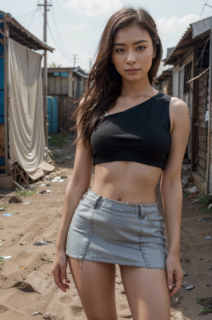 [((Sophie Tan:1.3)), a young and attractive Asian woman, posing in a makeshift shelter in a Southeast Asian shanty town, with her back to the camera. She is wearing ((a mini skirt that has blown up, revealing her buttocks, paired with a torn sleeveless top:1.3)). Her hair is styled in loose, unkempt waves, and she has a seductive, alluring expression looking over her shoulder. The background features corrugated metal sheets, makeshift furniture, and muddy ground. The scene is captured with a ((mirrorless camera:1.2)) using a ((50mm prime lens:1.2)) to keep Sophie in sharp focus while the background is slightly blurred. Post-production enhances the natural colors and adds a ((soft bokeh effect:1.1)) to the background. The image should be in ((8K resolution:1.1)) with ((hyper-realistic detail:1.3)). The backdrop highlights the shanty town setting with detailed textures of metal sheets and makeshift structures. The focus is on Sophie’s blown-up mini skirt exposing her buttocks, capturing a seductive and alluring scene. Daylight is used with slight enhancements to create a bright and inviting atmosphere, with a ((soft bokeh effect:1.1)) on the background, enhanced vibrancy, and high contrast to make the scene pop. Sophie is standing with one hand gently touching her mini skirt, looking seductively over her shoulder, exuding elegance and allure, embodying street chic.]