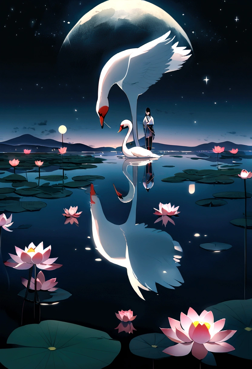 A swan 🦢 looking at his dead mate swan reflection on the lake, ((Lotus)), ((nighttime)),