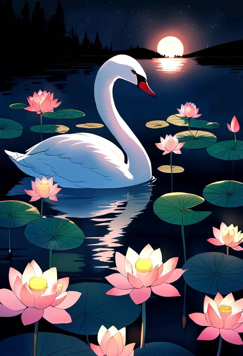 A swan 🦢 looking at his dead mate swan reflection on the lake, ((Lotus)), ((nighttime)),