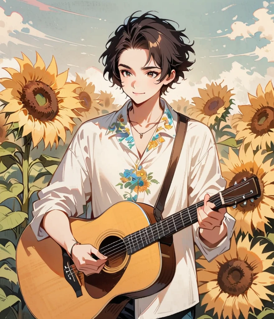 Short Hair、Playing Acoustic Guitar、One man with a sharp face、Sunflowers blooming in the background、Sunflower field, Cartoon style character design， alone，Floral Shirt，interesting，interesting，Clean Lines