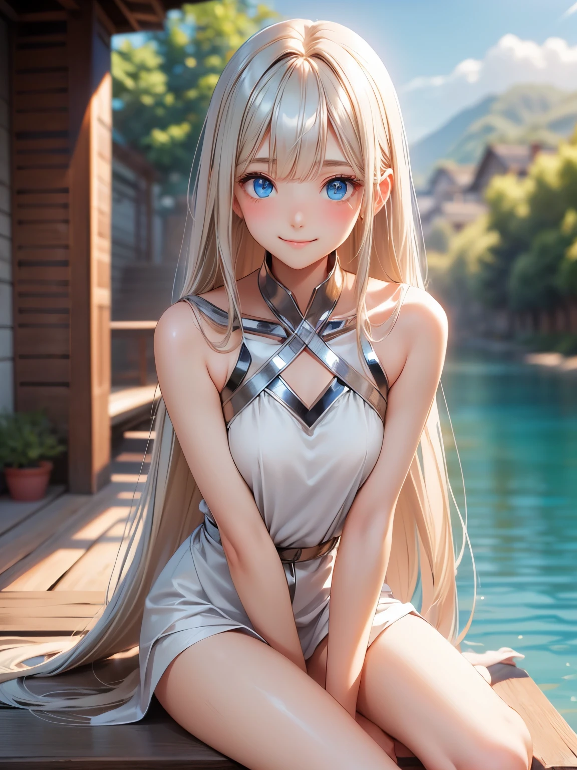 master piece , best quality , (matured female) , (wariza) , hand between legs , smile , full body, Shiny platinum blonde silk super long straight hair, beautiful shiny bangs, big clear sky blue eyes, very beautiful bright eye highlights, Embarrassing, Blushing