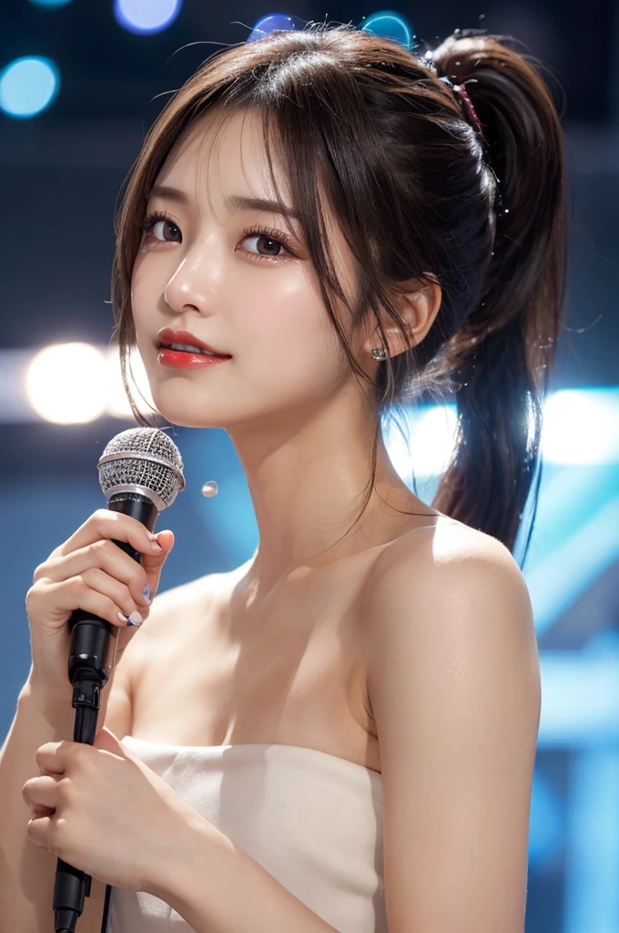 (masterpiece:1.3), high resolution, ultra detailed, extremely detailed CG unity 8k wallpaper, realistic, photo-realistic, RAW photo, beautiful detailed face, pale skin, realistic glistening skin, detailed cloth texture, detailed hair texture, Perfect body, Beautiful Face, accurate, Anatomically correct, Highly detailed face and skin texture, natural neck length, (beautiful hands), (fair skin:1.1), (well-aligned teeth:1.1), (Sweaty skin:1.2), 
BREAK, 
Detailed eyes, symmetric eyes, Light Brown eyes, Double eyelids, Thin eyebrows, (Glossy lips:1.4), ((A face with waiting for a kiss:1.2)), (blush:1.1), (A sparkling small hair accessory:1.1), (beautiful smile:1.1), (having microphone:1.3),
BREAK, 
(A classy and Cute idol:1.3), (nude, nsfw, nipple:1.4), 
BREAK, 
medium large breasts, slender figure, firm abs, 
((ponytail, black hair, bangs:1.2)),  (cowboy shot:1.2), (looking at viewer), cowboy shot, From above, 
BREAK, 
 (singing on stage:1.3),