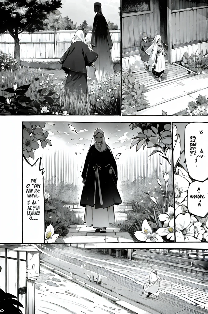 Muslim girl, fashionable Muslim clothes, garden, tears, distant young man, flowers, wind 