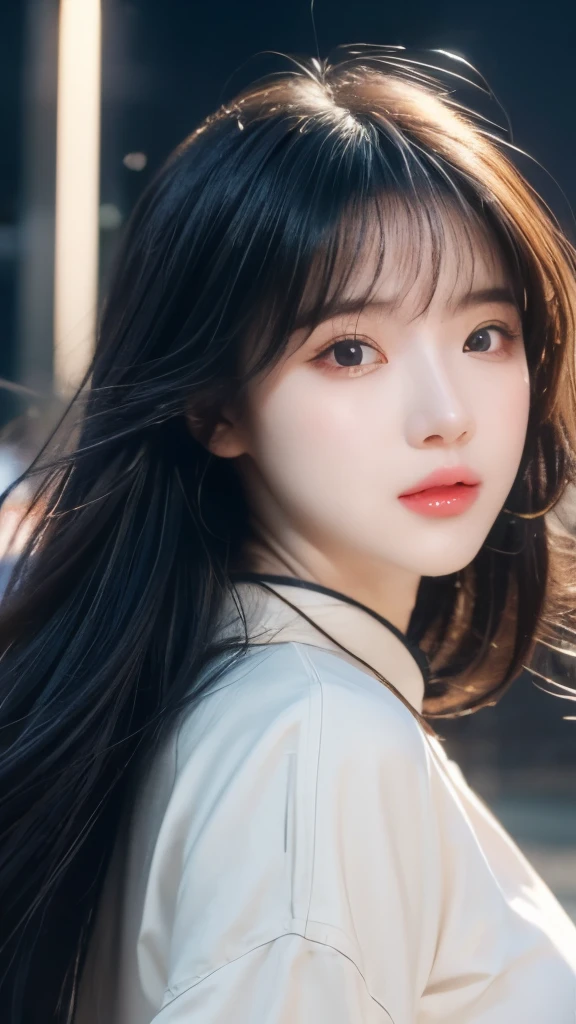 (Top quality,masterpiece:1.3,Ultra-high resolution,),(Extremely detailed,Caustic lines),(Reality:1.4,RAW Shooting,)Ultra-realistic capture,Very detailed,HD 16K,Suitable for human skin、 Natural skin texture、、Skin looks healthy and even-toned、 Use natural light and color,A woman,Kawaii,black hair,Medium Length Hair,(Depth of Field、Chromatic Aberration、、Wide lighting range、Natural shadows、)、(Nighttime outdoor lighting:1.4)(Hair blowing in the wind:1.1),Hanfu