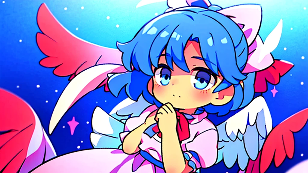 masterpiece, best quality, 1girl, , , 10 years old, medium blue hair, hair flaps, pink ribbon on head, well-formed face, blue eyes, angel girl, white blouse, puffy short sleeves, red ribbon, angel wings, long white skirt, red shoes, frills, ribbon head