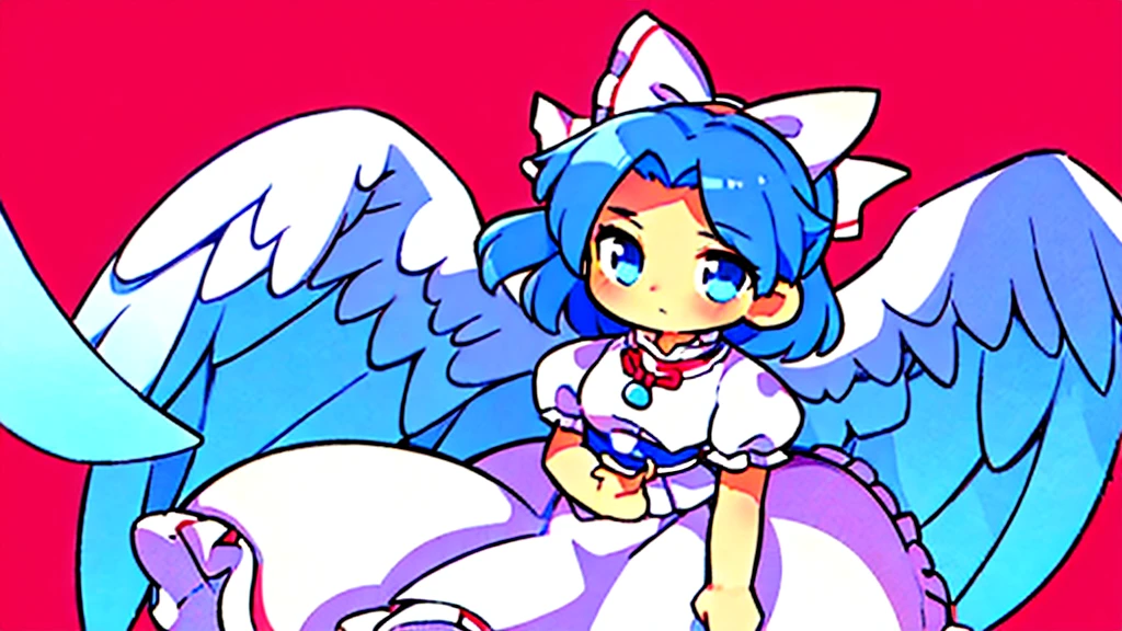 masterpiece, best quality, 1girl, , , 10 years old, medium blue hair, hair flaps, pink ribbon on head, well-formed face, blue eyes, angel girl, white blouse, puffy short sleeves, red ribbon, angel wings, long white skirt, red shoes, frills, ribbon head