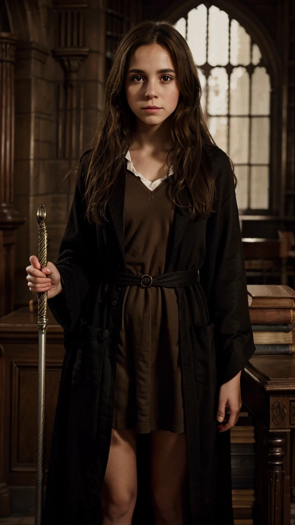 Create an image of Hermione Granger from the Harry Potter series.
Description:
A young girl with bushy brown hair.
Wearing a with a black robe.
Holding a book or a wand.
Background: A magical setting, such as a castle or library.