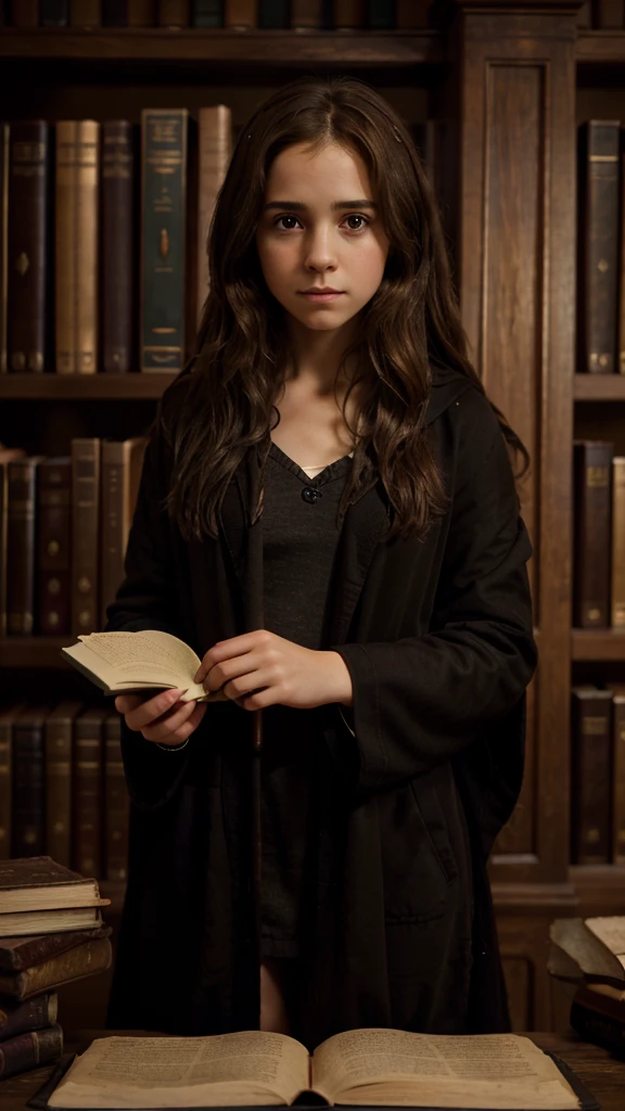 Create an image of Hermione Granger from the Harry Potter series.

Description:

A young girl with bushy brown hair.
Wearing a  with a black robe.
Holding a book or a wand.
Background: A magical setting, such as a castle or library.