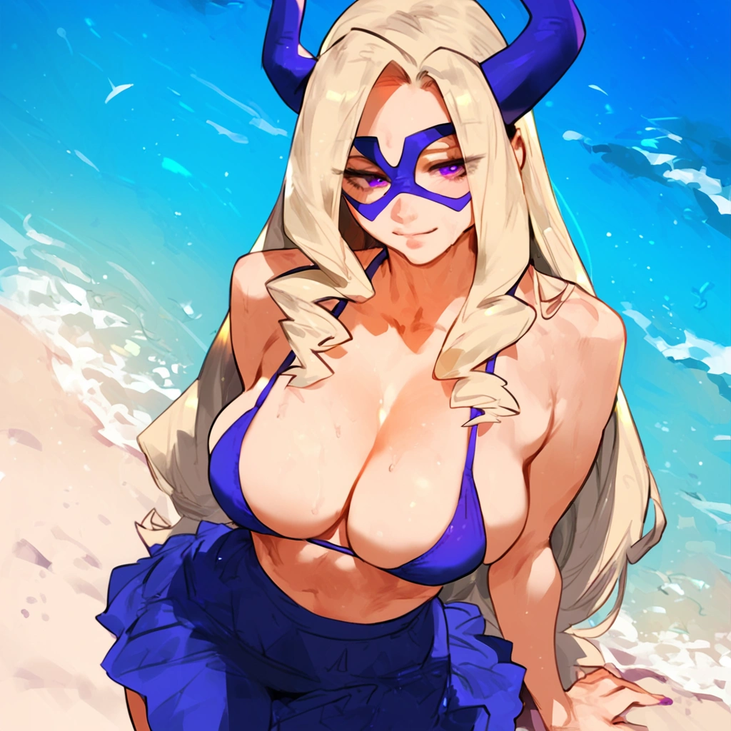 anime artwork, score_9, score_8_up, score_7_up, score_6_up, score_5_up, score_4_up, Mount Lady, blonde hair, purple eyes, big breasts, she is 24 years old, style_3, outdoors, bikini skirt, beach, , expressive