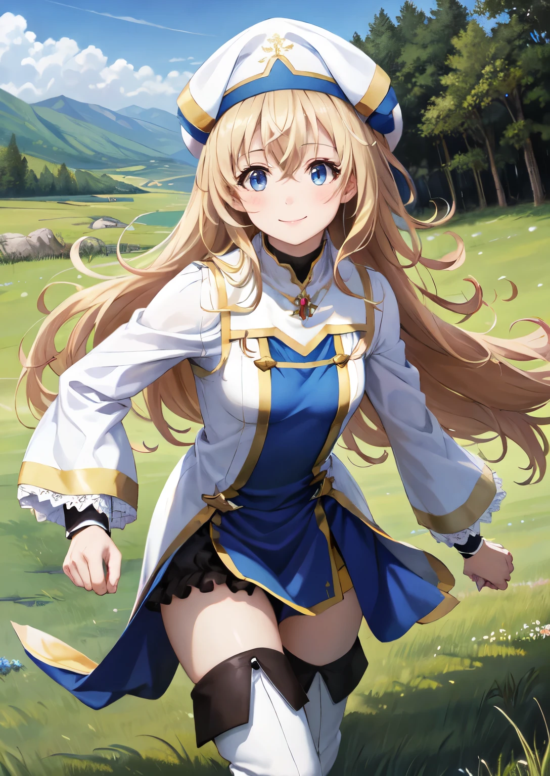 1 Girl, priestess ,(running:1.5),grassland, smile、Closed Mouth、Hair between the eyes,Looking at the audience, whole body, Front view:0.6, White Hat, Small breasts, White Dress, Puffy sleeves, Long sleeve, Pelvic Curtain, Knee socks, Thigh-high boots,(Flowing landscape:1.5),(Genuine、Realistic、Realistic:1.30)、High resolution、超High resolution、Ultra-fine painting、Sharp focus、Physically Based Rendering、Cowboy Shot,(Flowing Grass:1.5)、4K,8K