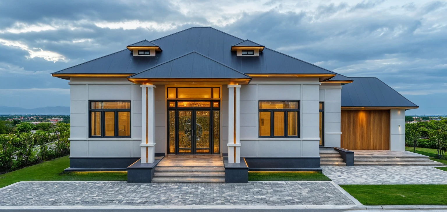 Masterpiece, high quality, best quality, authentic, super detail, outdoors, onestoreyvillaXL, aiaigroup, house style modern on the street ,stairs, white wall ,road,pavement, grass, trees, sky, cloud, (daylight:1.1)