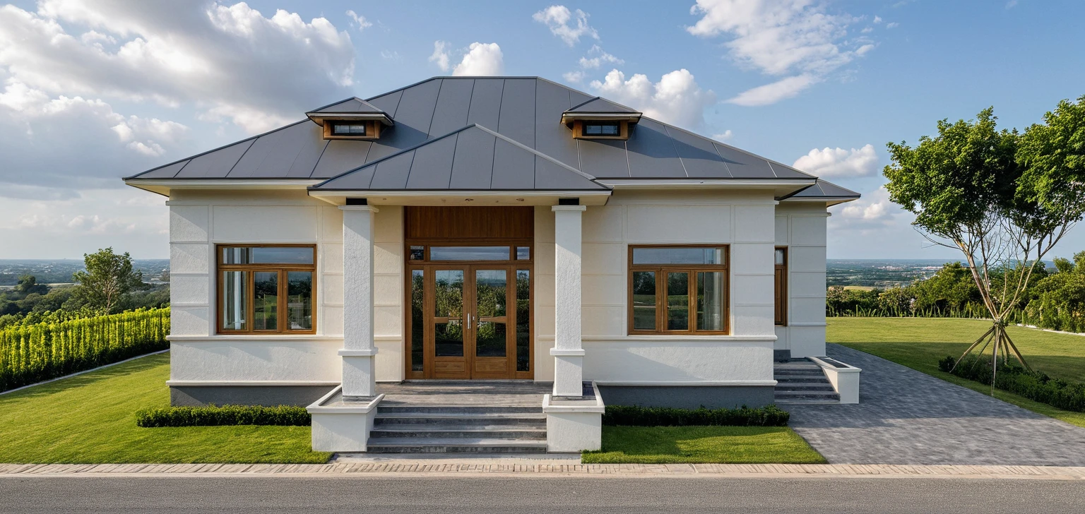 Masterpiece, high quality, best quality, authentic, super detail, outdoors, onestoreyvillaXL, aiaigroup, house style modern on the street ,stairs, white wall ,road,pavement, grass, trees, sky, cloud, (daylight:1.1)