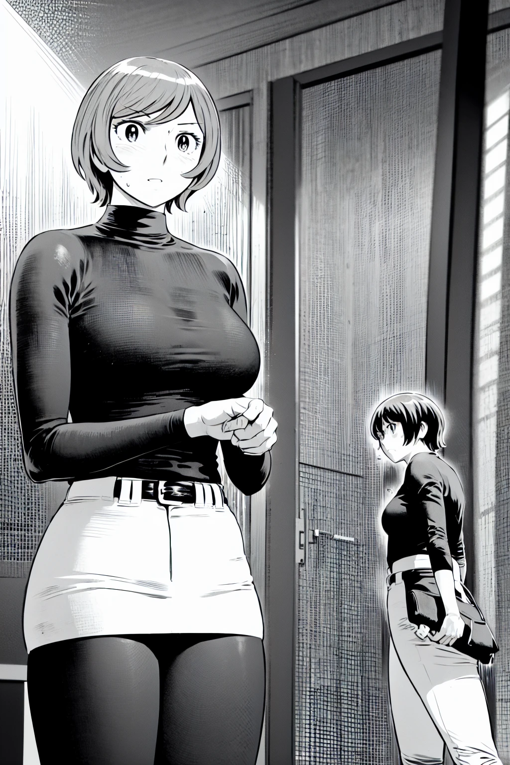 、(masterpiece、Highest quality)、Highest quality, Ultra-high resolution, (((masterpiece))), alone, Sweat、Big eyes,Tight black shirt、Tight white pants、belt、indoor、Composition from the front、(Cut the back hair short、short hair、blonde、woman)、Shortcuts、Embarrassed face、Cut your hair short、可愛いwomanの子、Big Breasts、Inside the room、Full Color、Baseball uniform