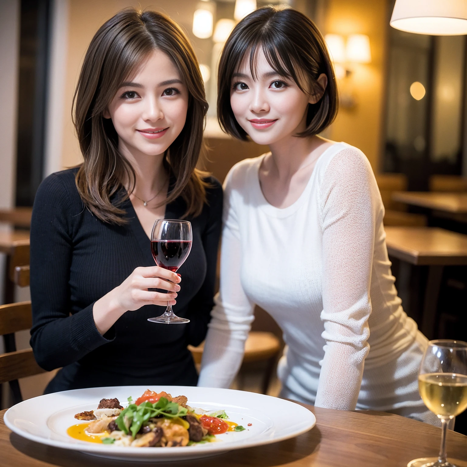 ((Highest quality、8K、masterpiece:1.3))、1 male 1 female、slimなCouple、lover、Couple、The body is slim、(Realistic, Intricate details:1.2), full-course dinner、テーブルの上のwine glass、Put the light on your face、 Amazing view of the sunset sky and clouds、A bright smile、The wonderfulness of smile、Bright image、The beauty of wine, Beautiful Face, blue eyes, The light shines on your face, Blushing, short hair,Bright Face、 (Age 42), 39 years old, red wine 、Appetizers、Italian food、Wine bottle、Champagne、sparkling wine、Two beauties、Brown Hair、Shortcuts、Long sleeve shirt、Pink Dress、Beautiful woman 1, (slimな顔), (The body is slim), (Brown Hair), (Shortcuts), cheeks turn a little red,Attractive beauty、restaurant, In a prominent place (From the waist up) Nova Frog Style, actress, model, Upper Body, White wine, slim, wine glass, 中央に置かれたwine glass, smile, (smile: 1.15), Beautiful fine grain, Depth f/2,saturation, High Contrast, Strong light and shadow,Moist Body:1.5、3D texture、Delicate eyes、Brown Hair、The hair is very shiny、