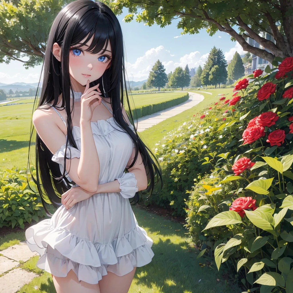 absurderes, ultra-detailliert,bright colour,(in 8K:1.3),masuter piece,extremely beautiful detailed face and eyes, 25 years old,(Smooth straight black hair), (Shiny meduim hair),(Pattsun bangs), (Deep blue eyes) Delicate beautiful face, red blush, (wearing white short dress) Nice Spot, grass, windy.