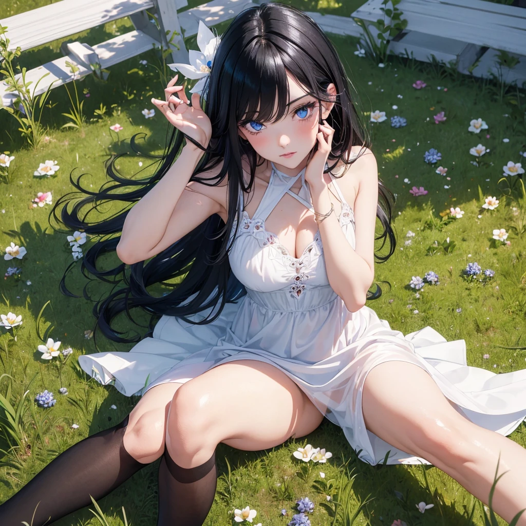 absurderes, ultra-detailliert,bright colour,(in 8K:1.3),masuter piece,extremely beautiful detailed face and eyes, 25 years old,(Smooth straight black hair), (Shiny meduim hair),(Pattsun bangs), (Deep blue eyes) Delicate beautiful face, red blush, (wearing white short dress) Nice Spot, grass, windy.