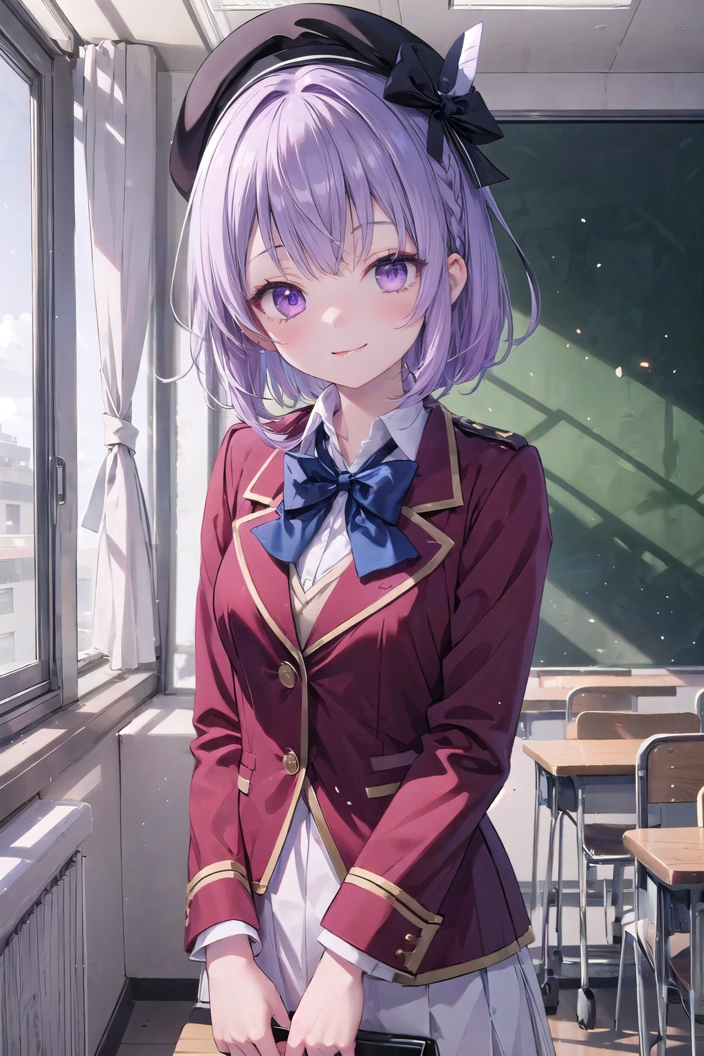 Masterpiece, hd, 1girl, light purple hair, medium hair, purple eyes, wear black headwear, black-white ribbon on headwear, ayanokoji, school_uniform, red blazer,closed jacket,  white collared shirt, blue bowtie, standing, indoor, smile, classroom