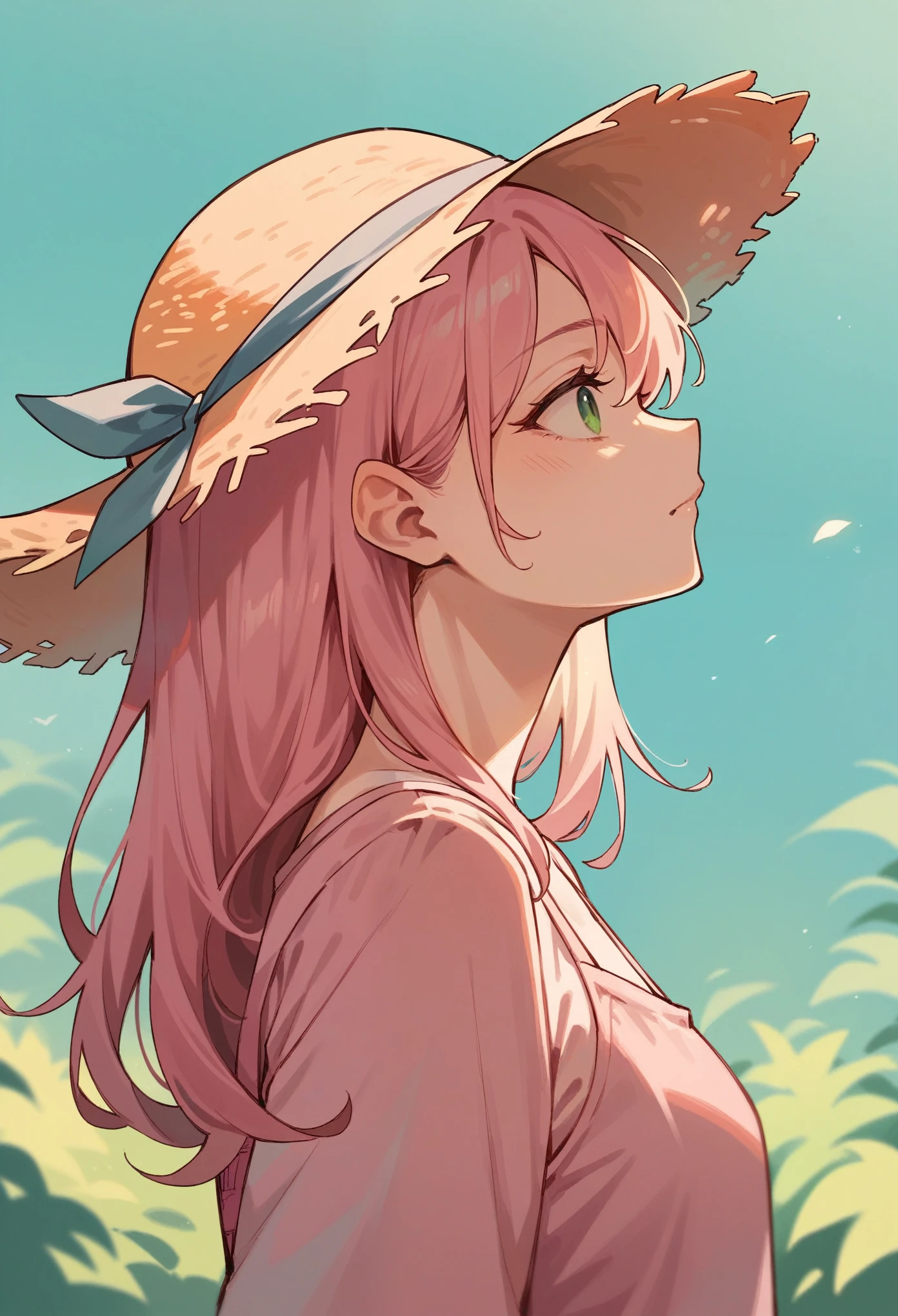 anime,Profile of a girl,Pink clothes,Pink straw hat