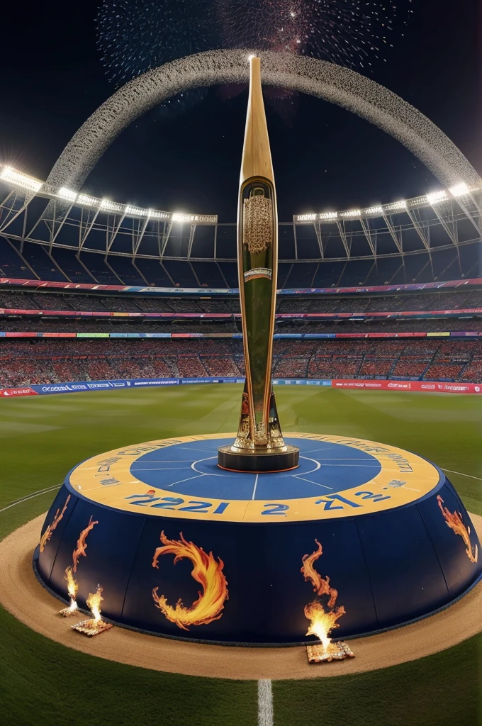 A Indian Player Form a Circle in stadium and in circle there was a Human size of earth and on the top of Earth The T20 Cup 2024 Trophy is putting there and behind the player there was written the T20 World Cup 2024 Final Winner In the bold title and the crackers was fire in the sky