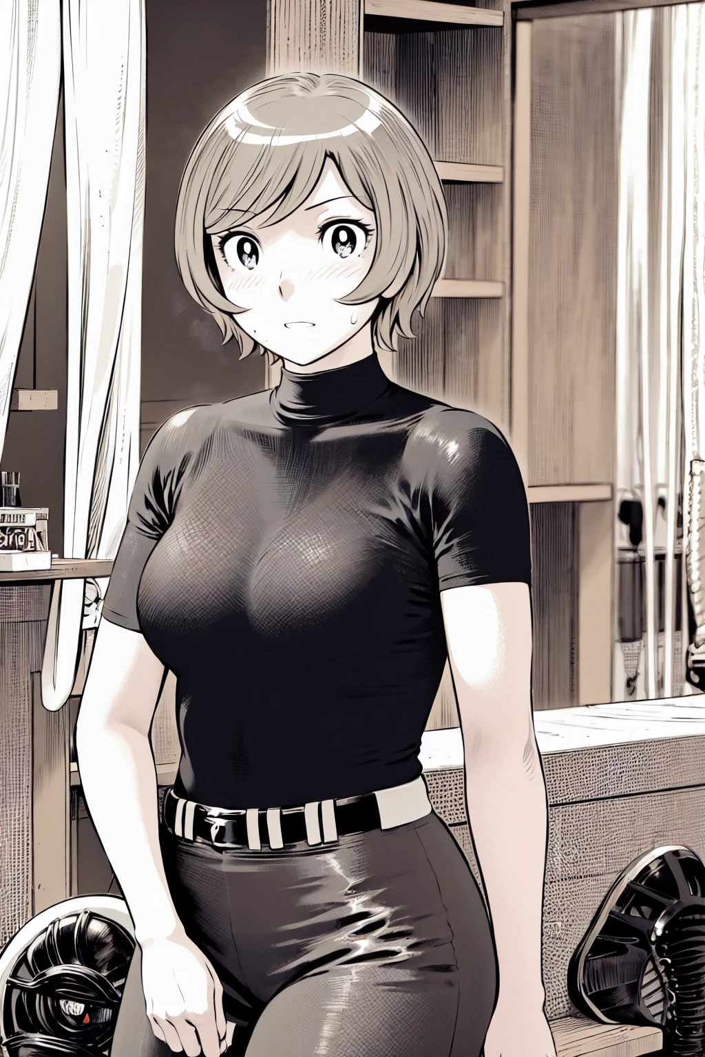 、(masterpiece、Highest quality)、Highest quality, Ultra-high resolution, (((masterpiece))), alone, Sweat、Big eyes,Tight black shirt、Tight white pants、belt、indoor、Composition from the front、(Cut the back hair short、short hair、blonde、woman)、Shortcuts、Embarrassed face、Cut your hair short、可愛いwomanの子、Big Breasts、Inside the room、Full Color、Baseball uniform