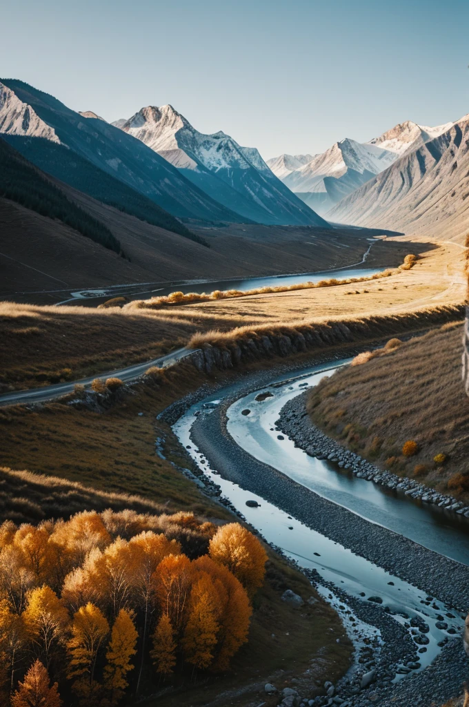 There are mountains all around, a river is flowing through the mountains, there is a road between the mountains, the Rolex Royal car is moving fast on the road, the colour of the Rolex Royal is black, the sky is orange.