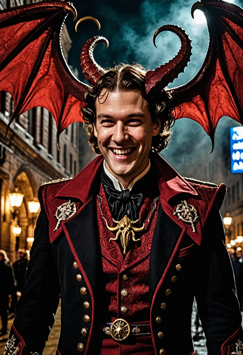close-up photo of a man, smiling, in a dungeon, king dress, Short brown hair,
From the depths he emerges, devilcore, The Cthulhu Parade in crimson tones. Whispers of the echo of the other world, A festival where madness and beauty merge. In the night sky adorned with abyssal splendor, Blood-stained feathers dance and fly. Entwined by threads of destiny, The madman delights in the roar of ecstasy. O mighty Cthulhu, ruler of the depths, In our search for desires so abandoned, We embark on a path of madness and despair, Guided by the disciples of the One We Adorn. On the grand avenue, steps of grotesque shapes, Where terror and beauty intertwine. In the realm between dreams and nightmares, We surrender to the sanctuary of euphoria. Praise his name, the great Cthulhu, Monarch of the Abyss, the source of our insanity. On the stage of this eternal procession, We celebrate the arrival of global calamity.